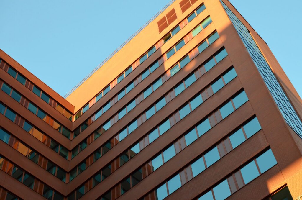 Long angle corner angle view of downtown office building.
