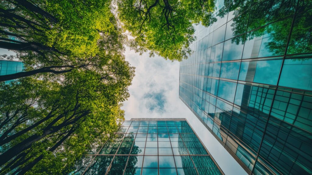 Low angle of trees and office buildings in a downtown area.