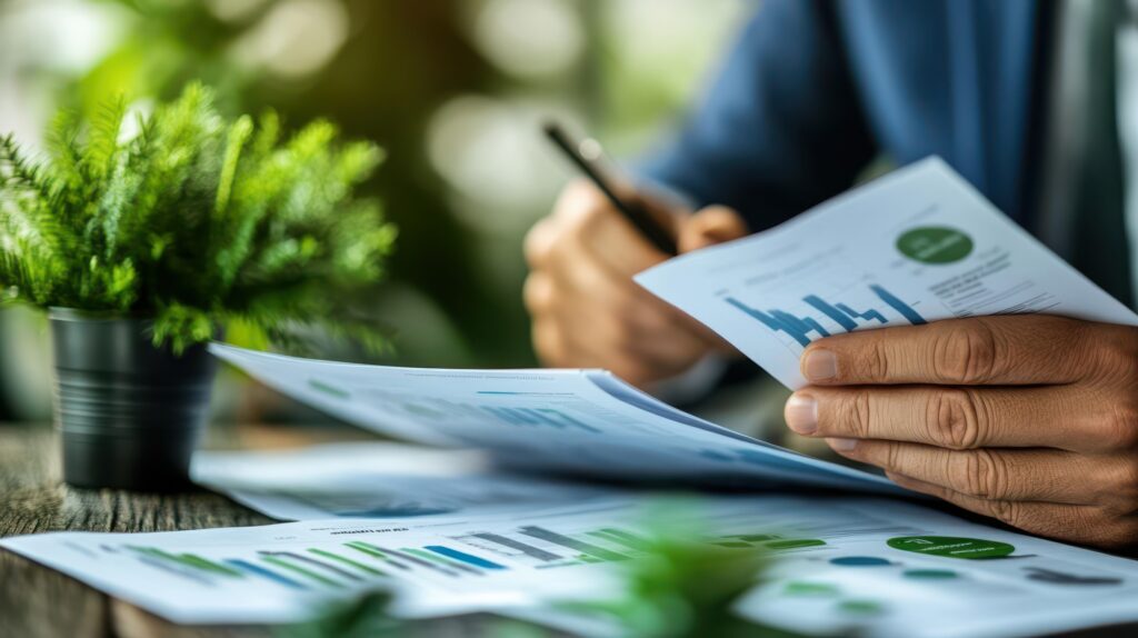 Hands of a financial advisor holding and reviewing reports about climate risk.