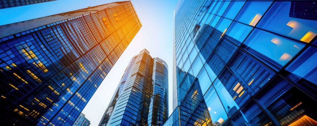 Low angle view of business buildings in the downtown financial district.