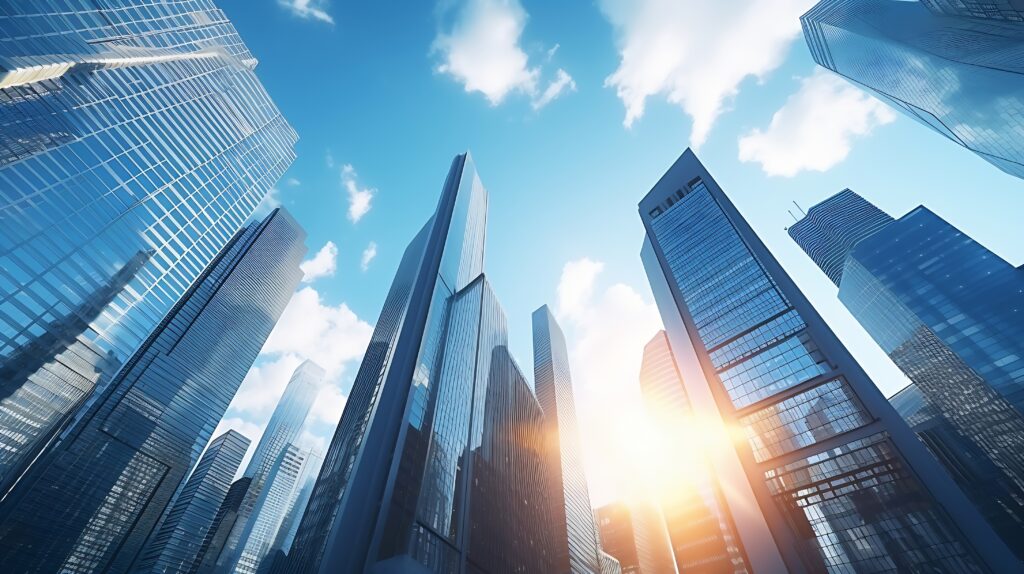 Low angle view of skyscrapers downtown in the business and financial district.