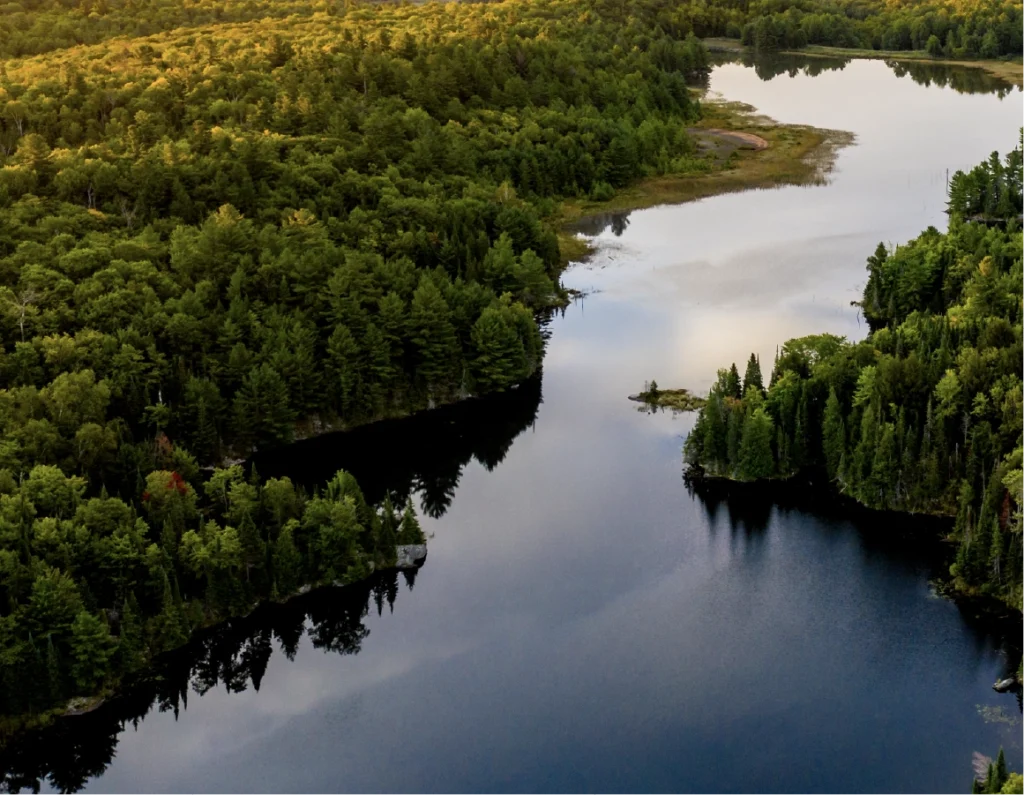 High angle view of a lake at sunrise