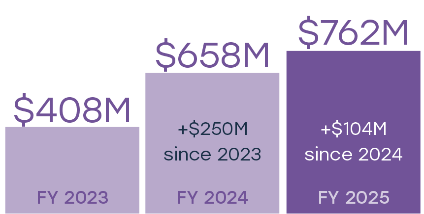 showing year-end market value growth across three fiscal years. Climate solutions investments total $293 million in FY 2023, increase to $527 million in FY 2024, and rise to $850 million in FY 2025. The FY 2024 bar includes a note indicating an increase of $234 million since 2023. The FY 2025 bar includes a note indicating an increase of $323 million since 2024.