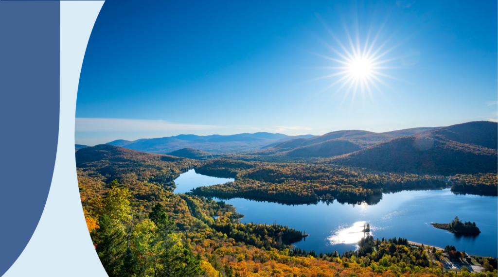 Graphic of an arial view of a lake surrounded by forests with the sun shining high int he sky