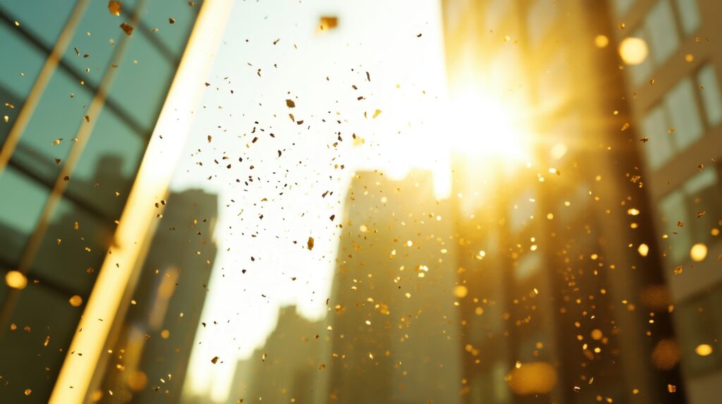 Low angle view of airborne particles with warm sunlight against a backdrop of blurred skyscrapers downtown.