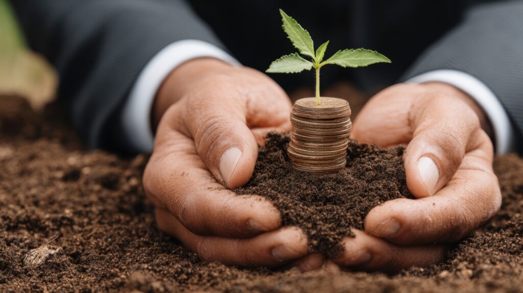 Hands holding dirt with money and a plant growing